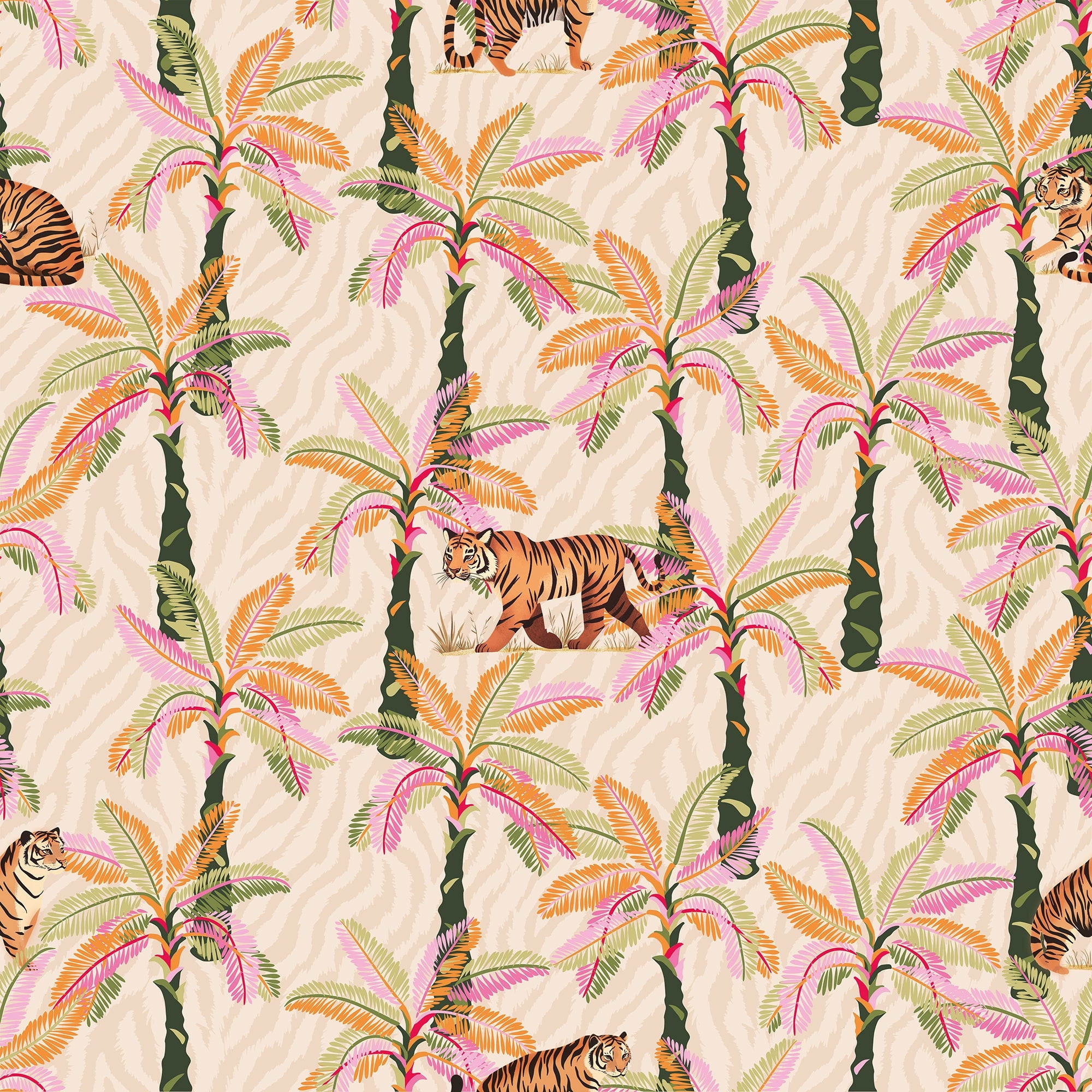 Tiger Palm Wallpaper in Pink, Orange and Green on Natural Tiger Stripe