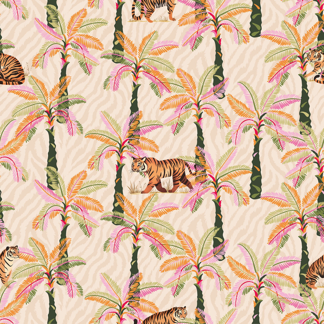 Tiger Palm Wallpaper in Pink, Orange and Green on Natural Tiger Stripe