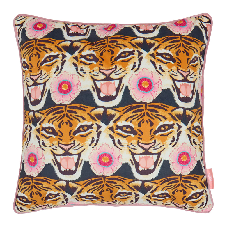 Tigerlily Square Cushion in Emerald Green, Pink and Orange