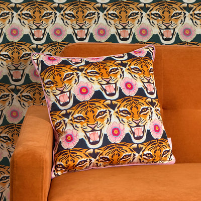 Tigerlily Square Cushion in Emerald Green, Pink and Orange