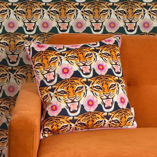 Tigerlily Square Cushion in Emerald Green, Pink and Orange