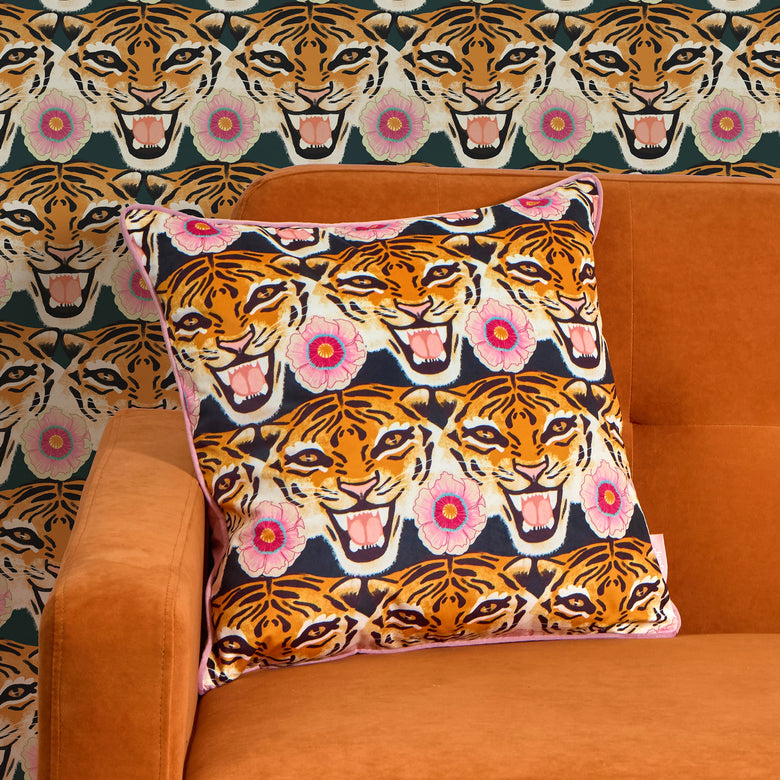 Tigerlily Square Cushion in Emerald Green, Pink and Orange