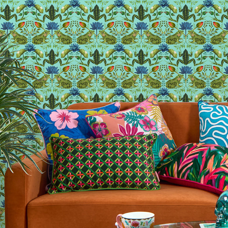 Toadally Beautiful Wallpaper in Mottled Green and Blue on Turquoise