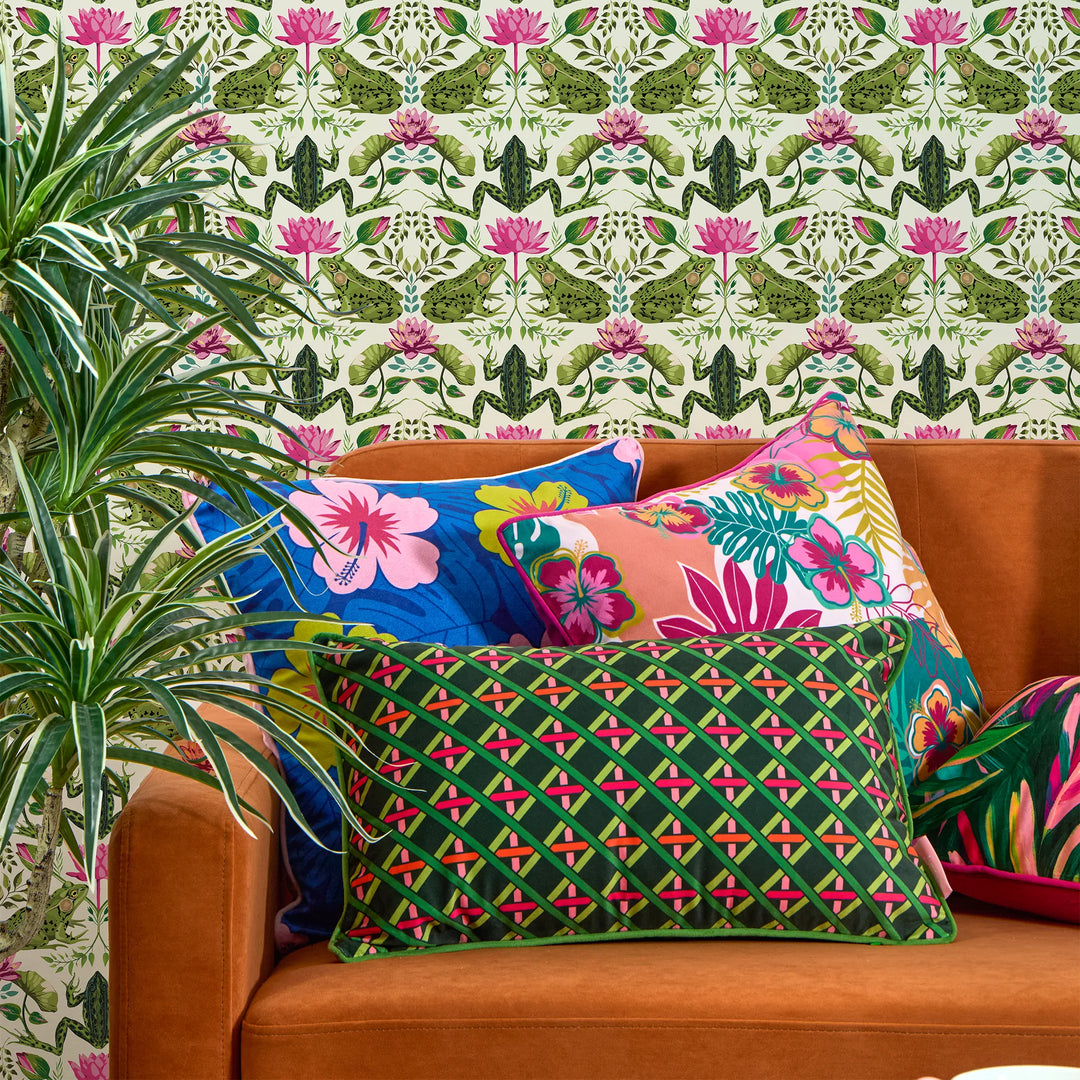 Toadally Beautiful Wallpaper in Mottled Green and Pink on Cream