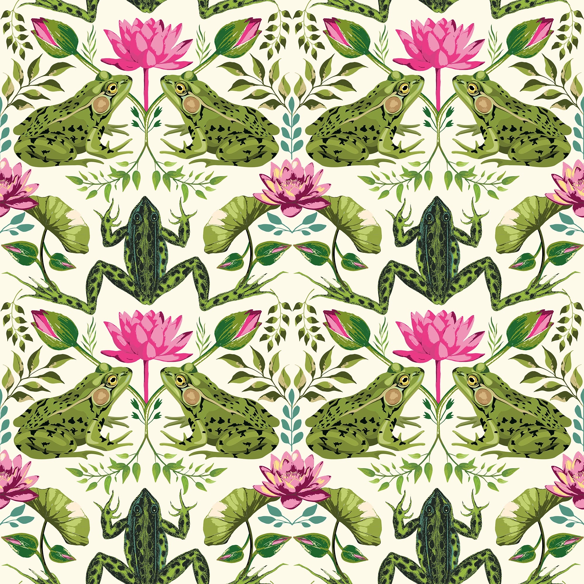 Toadally Beautiful Wallpaper in Mottled Green and Pink on Cream