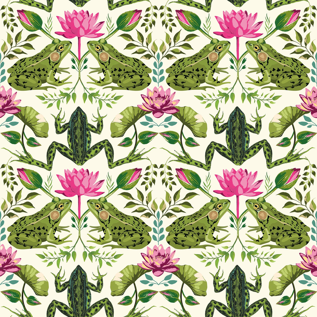 Toadally Beautiful Wallpaper in Mottled Green and Pink on Cream