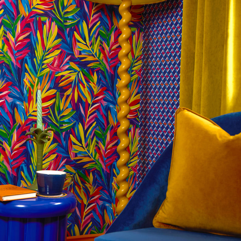 Criss Crossed Wallpaper in Electric Blue, Red and Orange