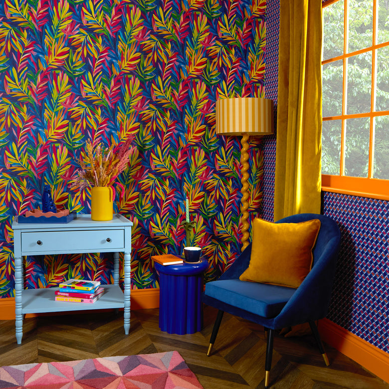 Criss Crossed Wallpaper in Electric Blue, Red and Orange