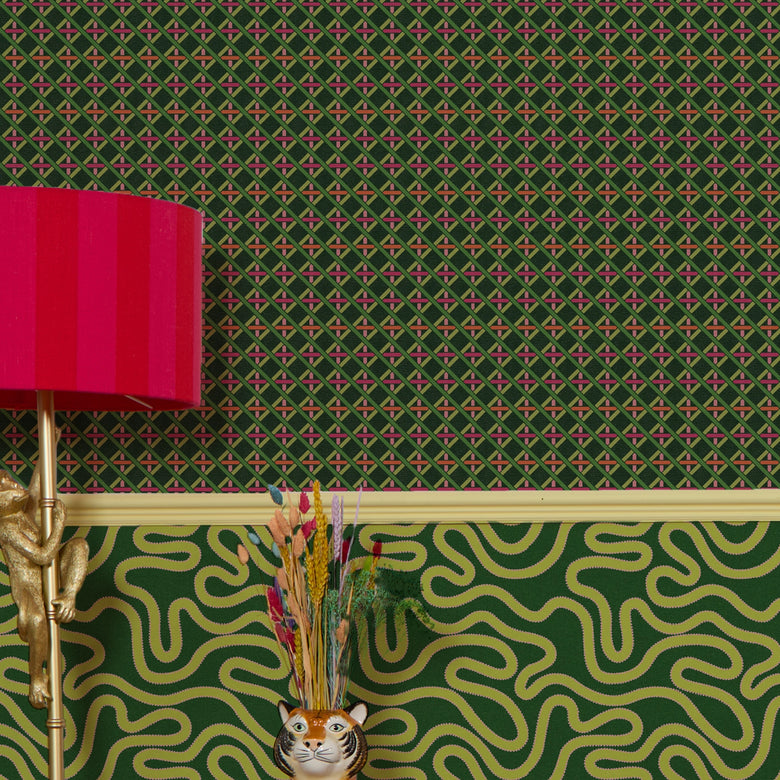 Criss Crossed Wallpaper in Greens, Pink and Orange
