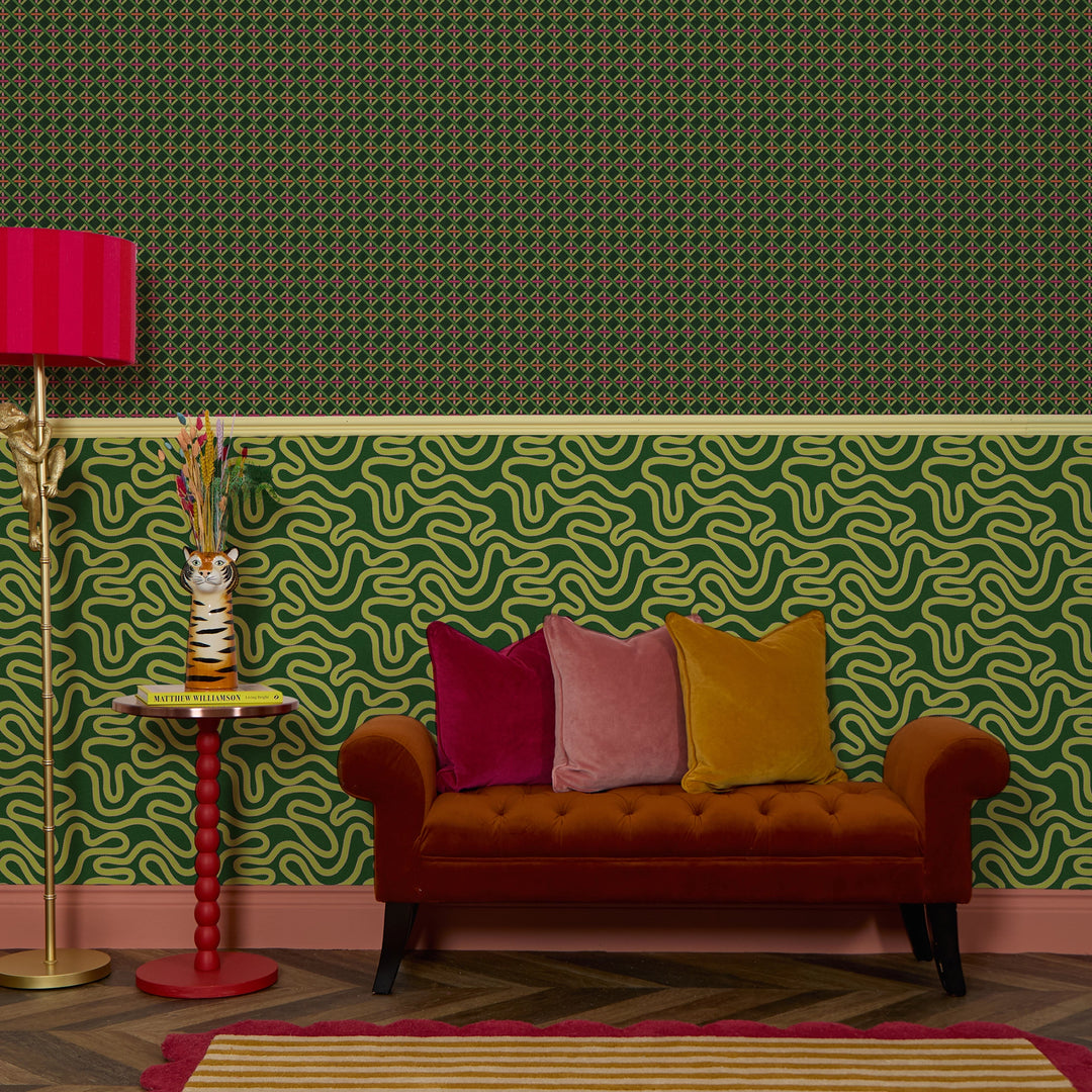 Criss Crossed Wallpaper in Greens, Pink and Orange