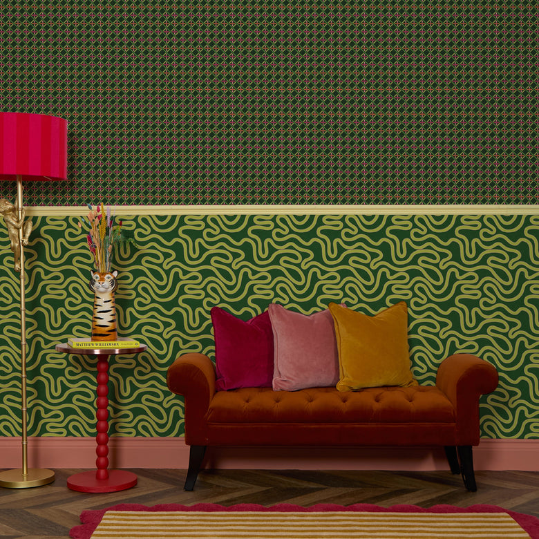 Criss Crossed Wallpaper in Greens, Pink and Orange