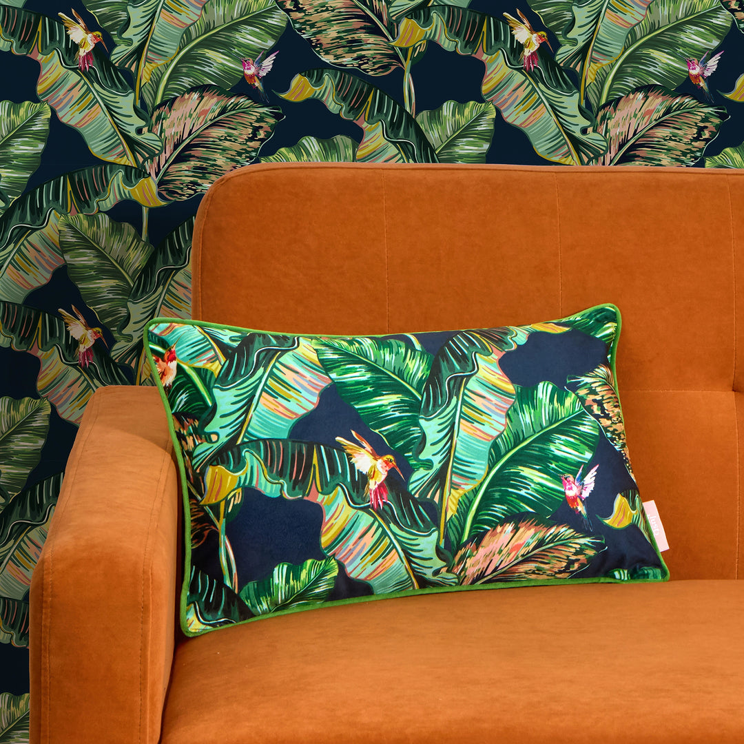 Tropic Like It's Hot Bolster Cushion in Indigo Blue and Tropical Green