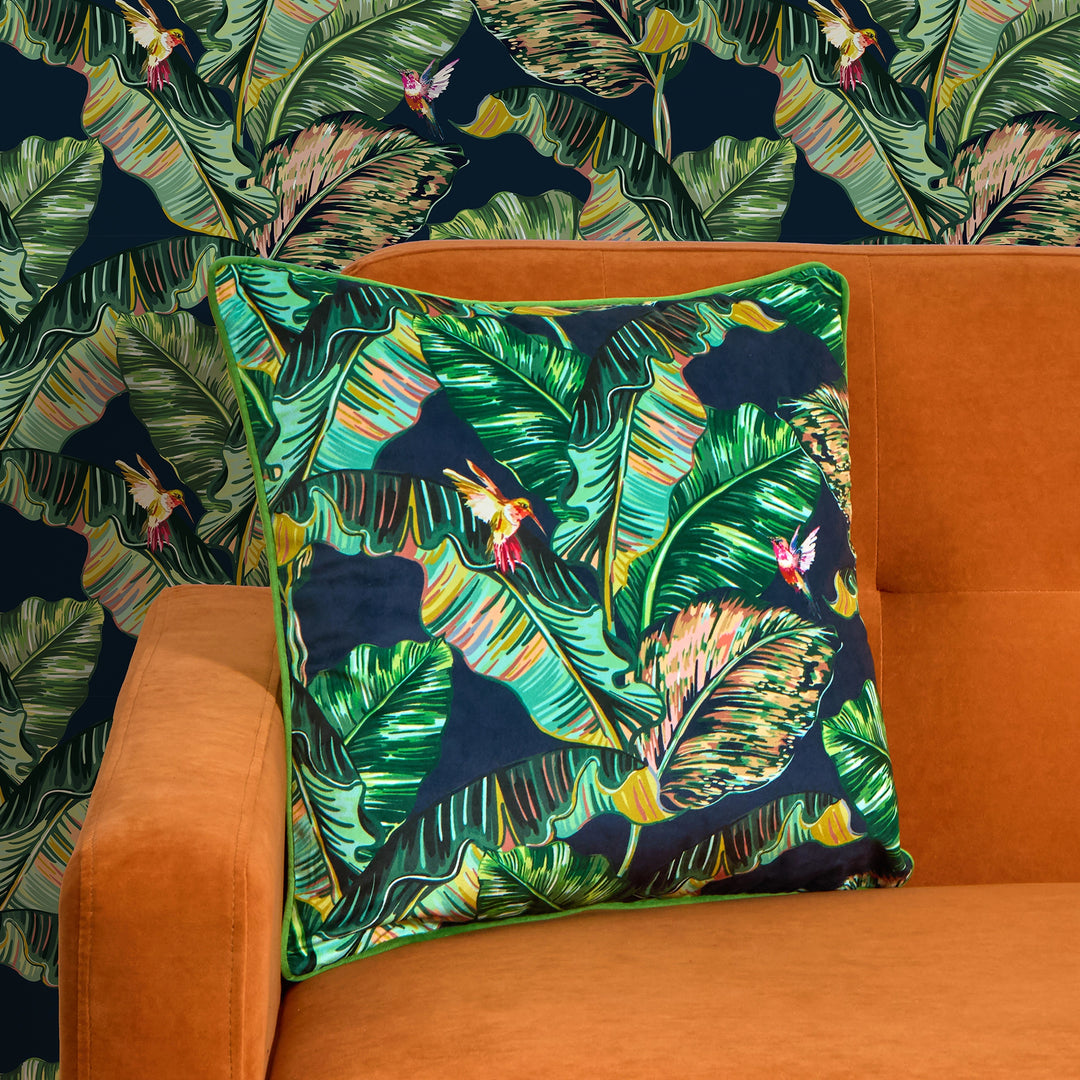 Tropic Like It's Hot Square Cushion in Indigo Blue and Tropical Green