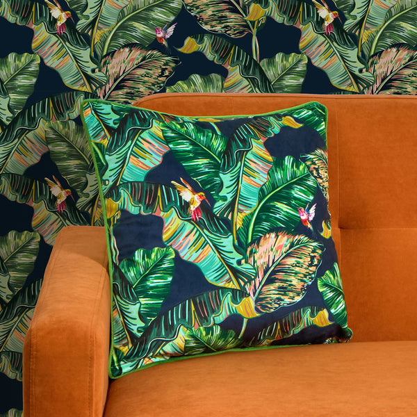 Tropic Like It's Hot Square Cushion in Indigo Blue and Tropical Green