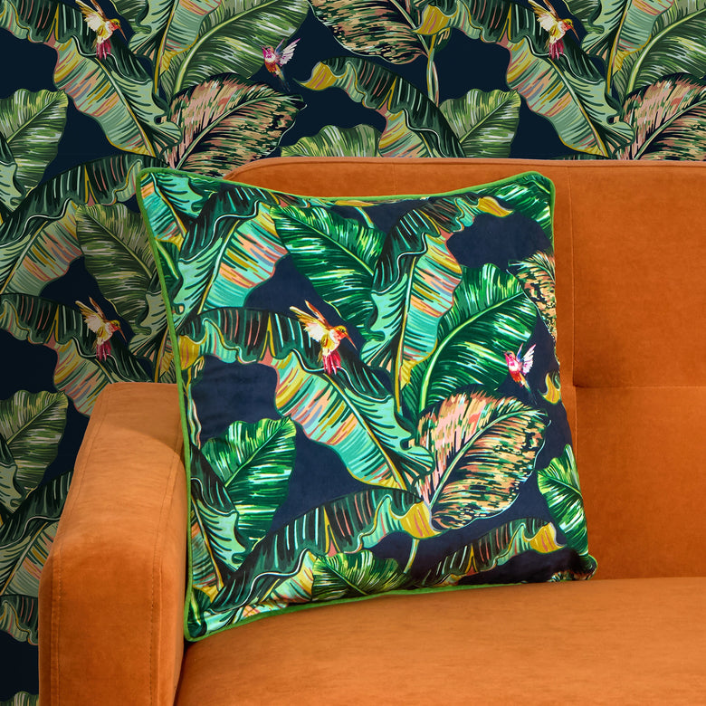 Tropic Like It's Hot Square Cushion in Indigo Blue and Tropical Green
