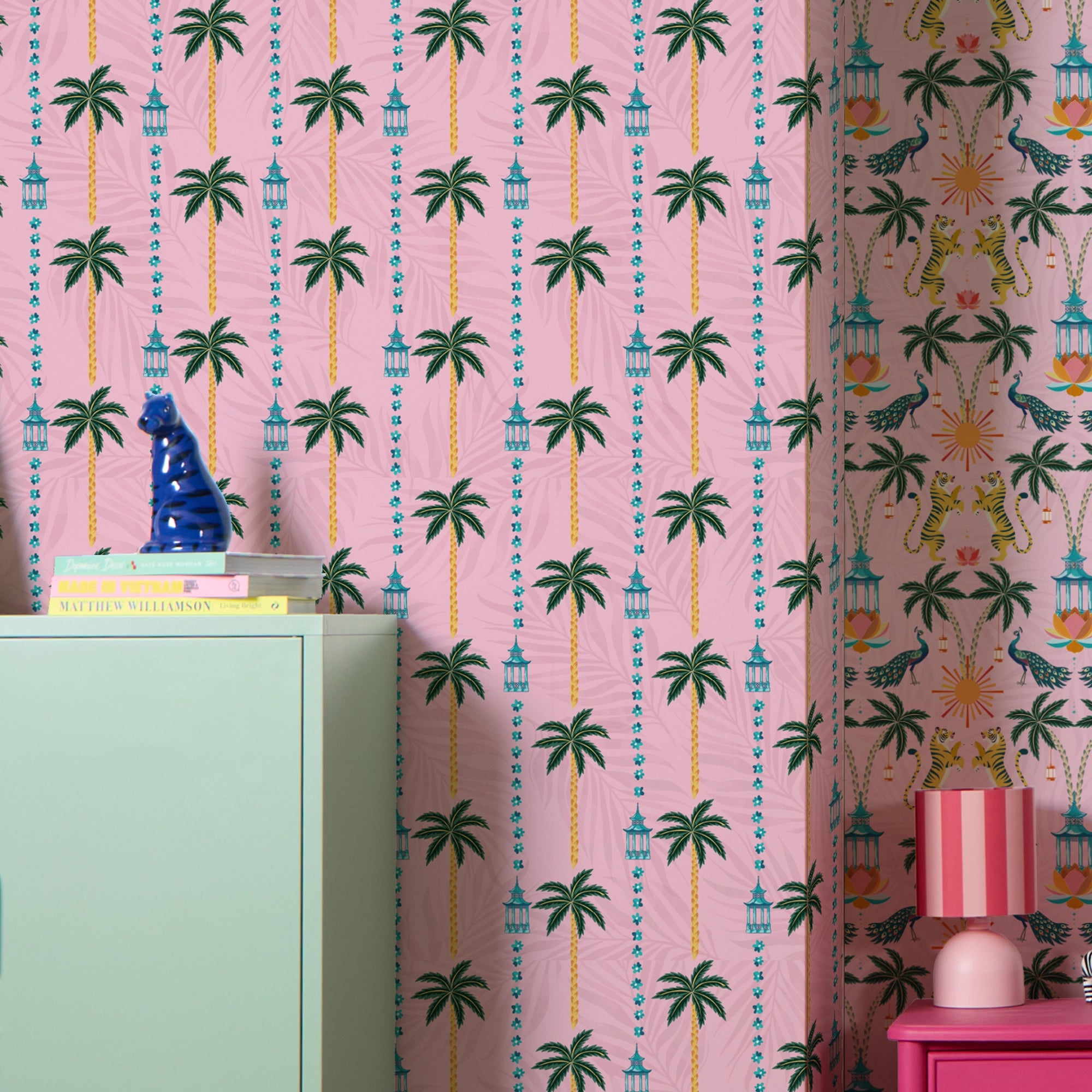 Tropical Thai Stripe Wallpaper in Sunrise Pinks