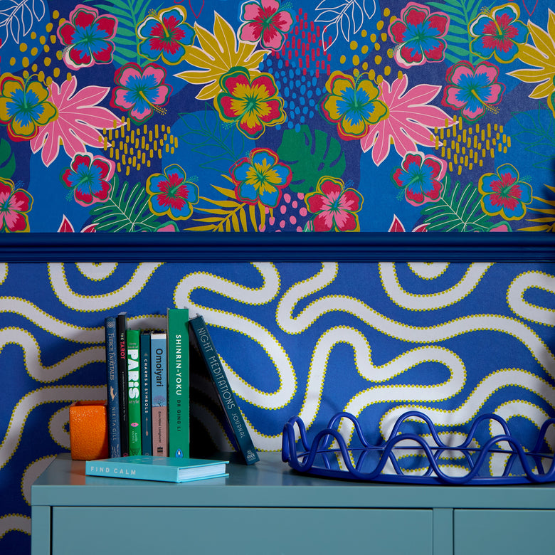 Tropical Treat Wallpaper in Electric Blue, Pinks and Mustard