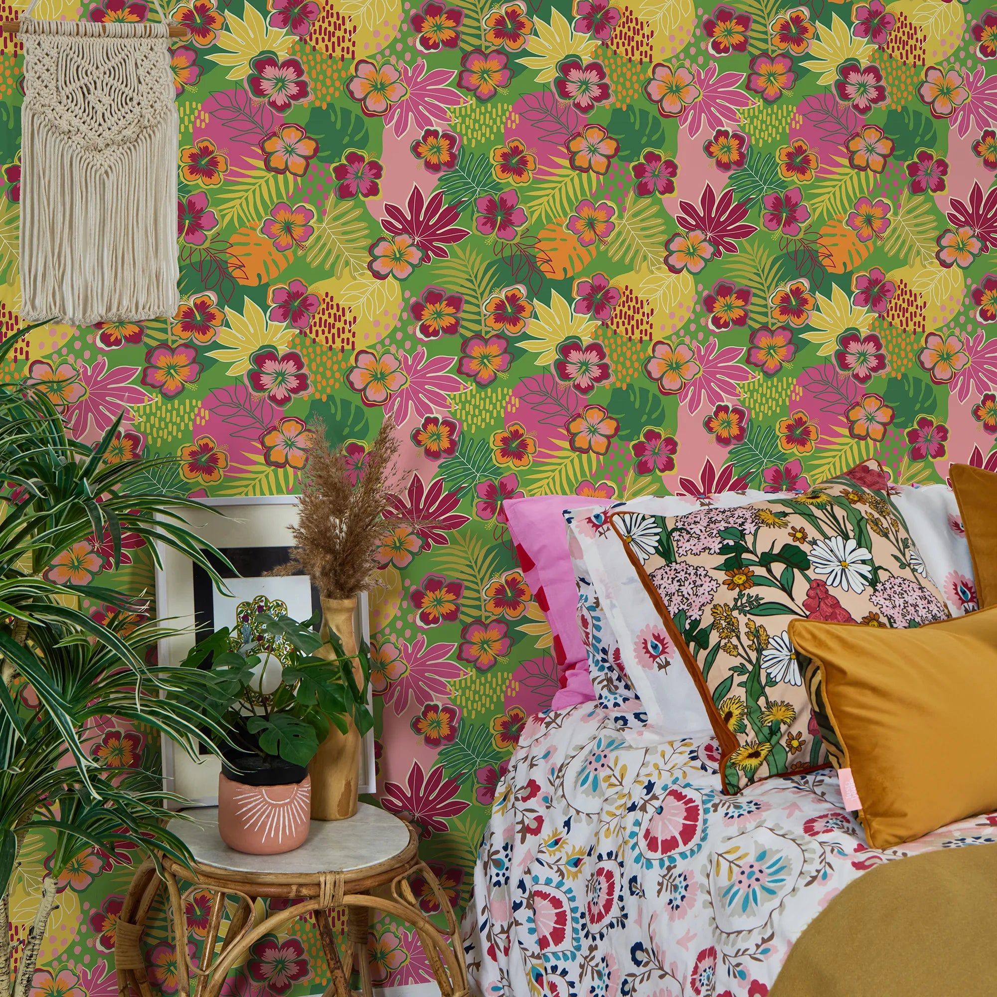 Tropical Treat Wallpaper in Green, Pinks and Yellow