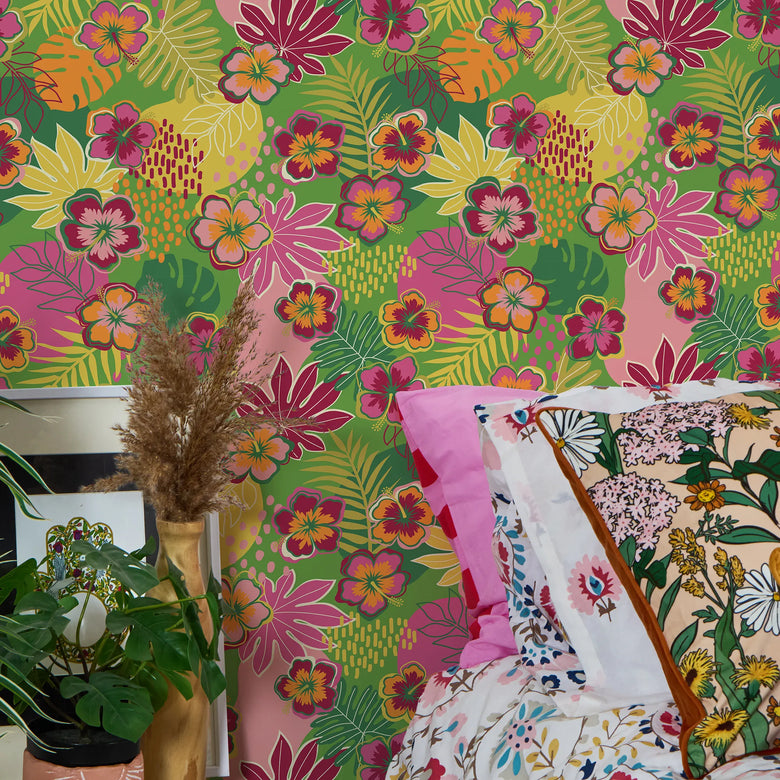 Tropical Treat Wallpaper in Green, Pinks and Yellow