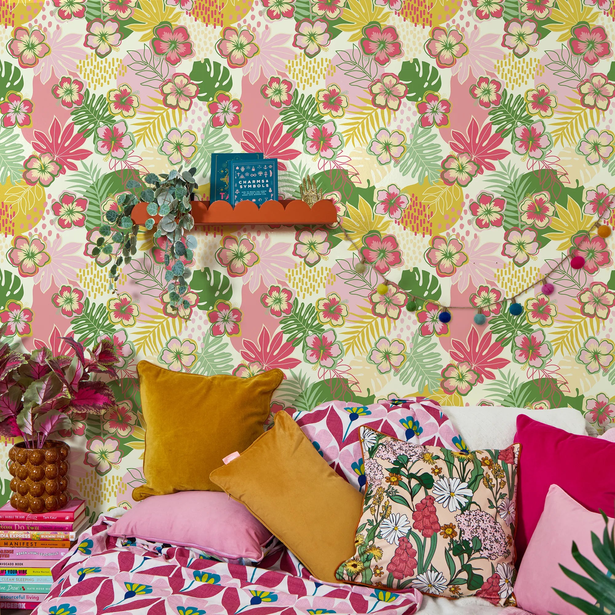 Tropical Treat Wallpaper in Pinks, Greens and Mustard