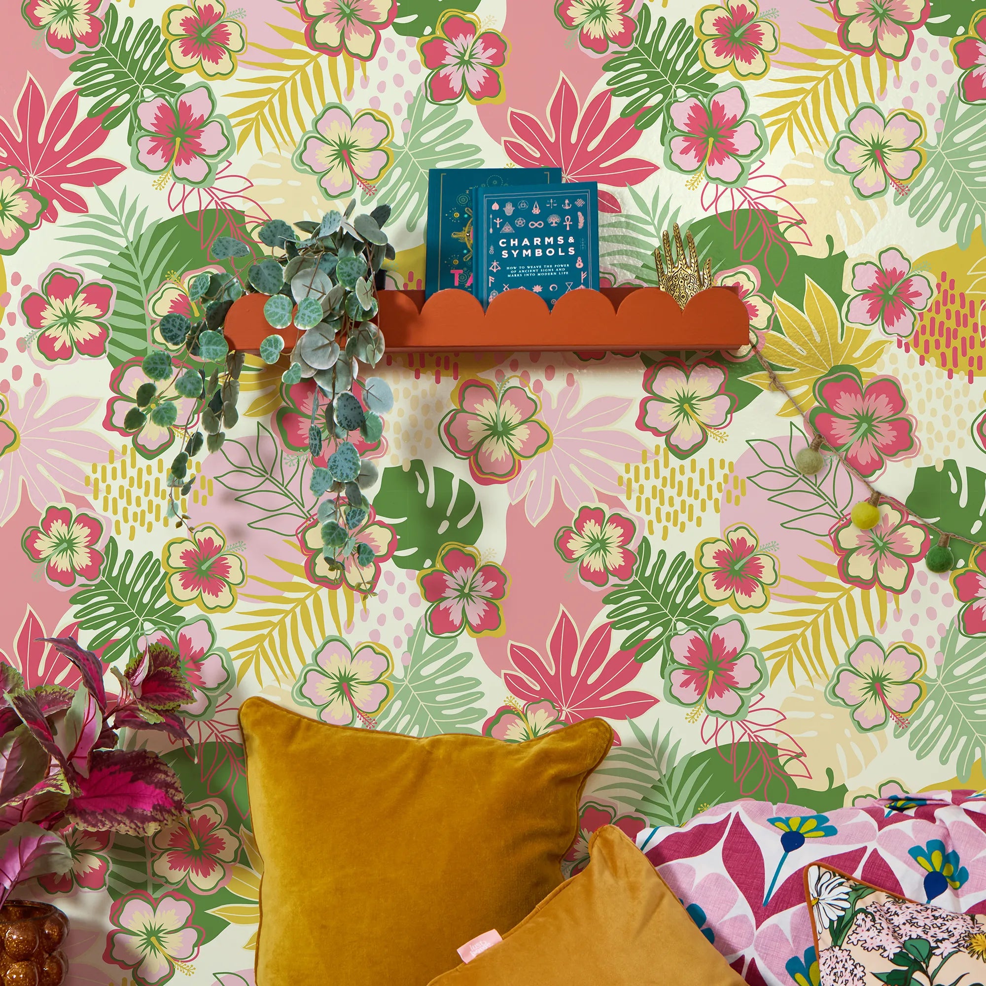 Tropical Treat Wallpaper in Pinks, Greens and Mustard