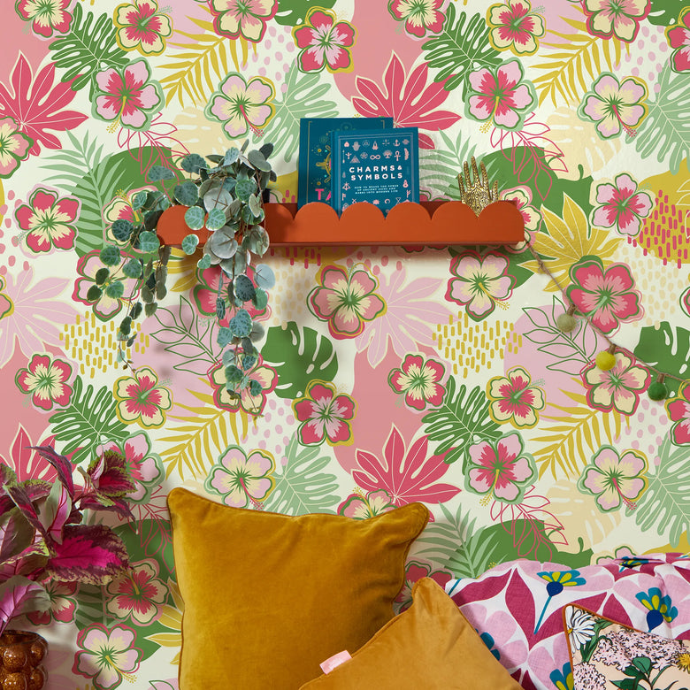 Tropical Treat Wallpaper in Pinks, Greens and Mustard