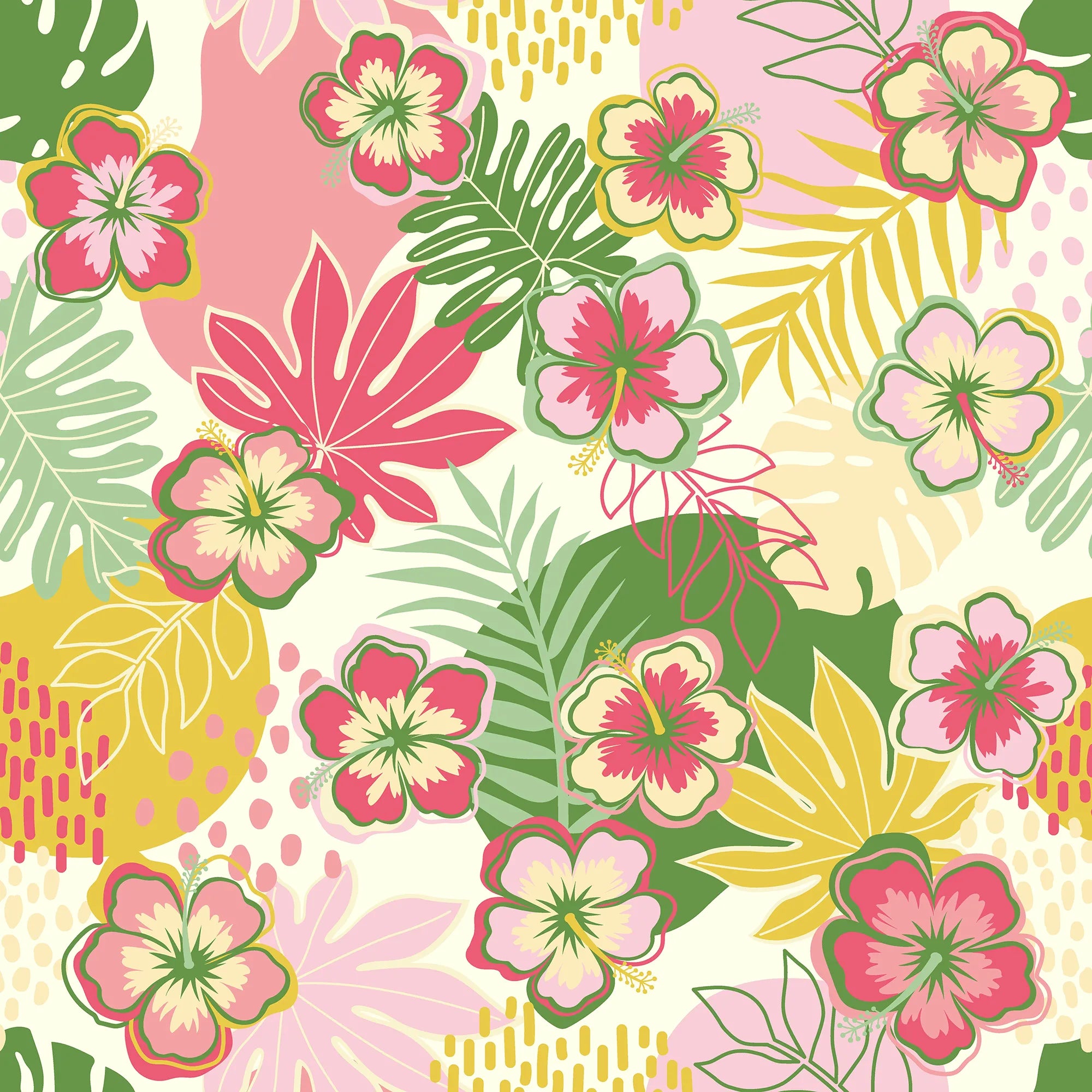 Tropical Treat Wallpaper in Pinks, Greens and Mustard