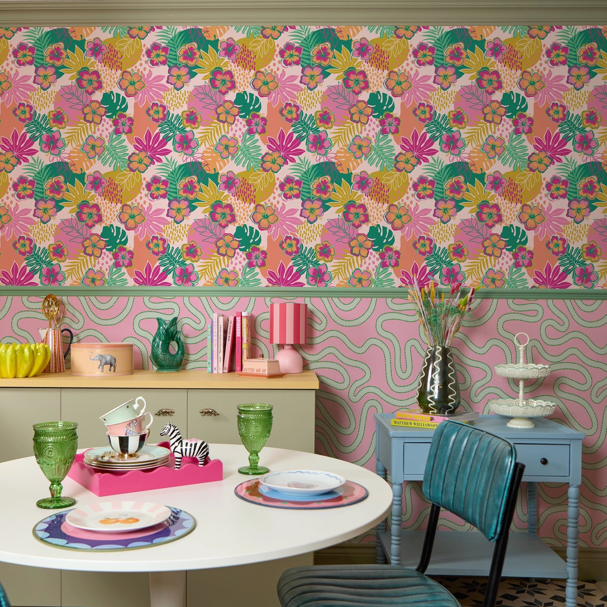 Tropical Treat Wallpaper in Pinks, Orange and Greens