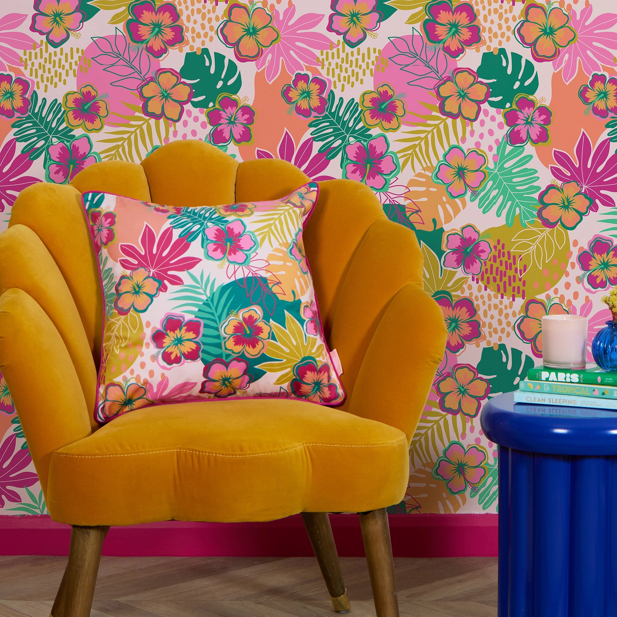 Tropical Treat Square Cushion in Pinks, Orange and Green