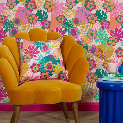 Tropical Treat Square Cushion in Pinks, Orange and Green