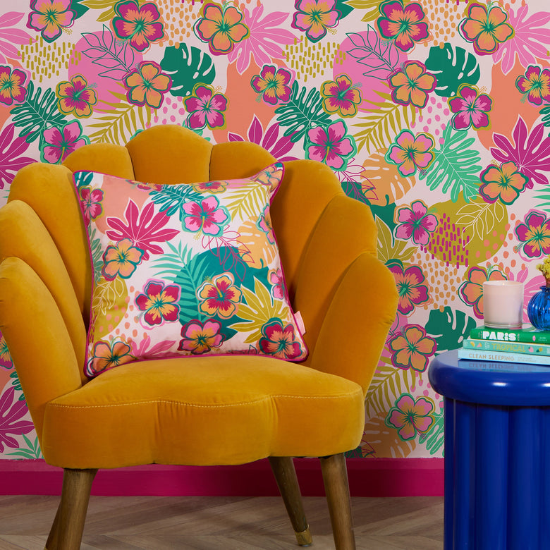 Tropical Treat Square Cushion in Pinks, Orange and Green