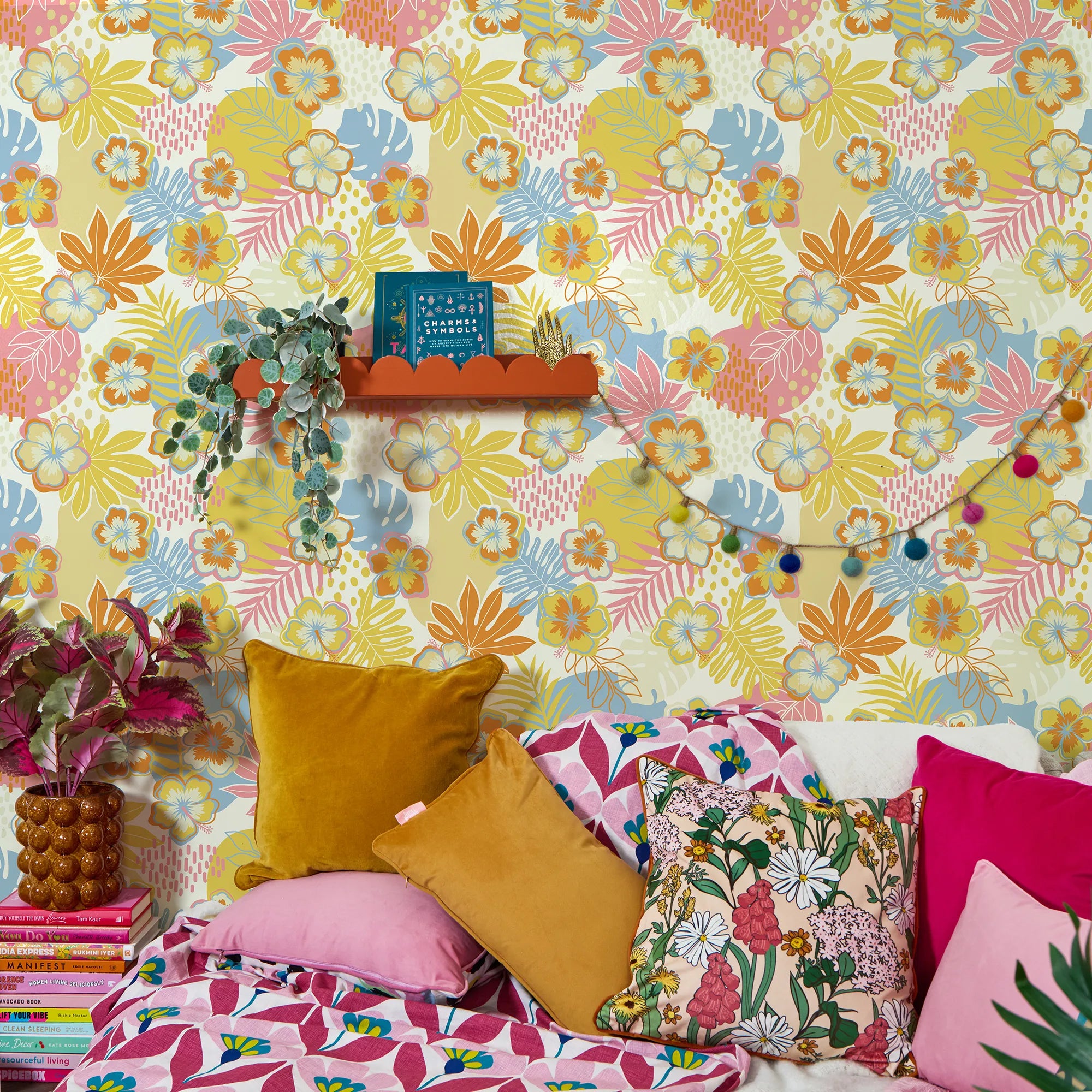 Tropical Treat Wallpaper in Yellow, Blue and Orange