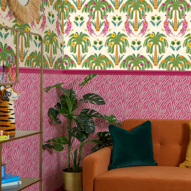 Truly Tiger Wallpaper in Hot Pink on Pink