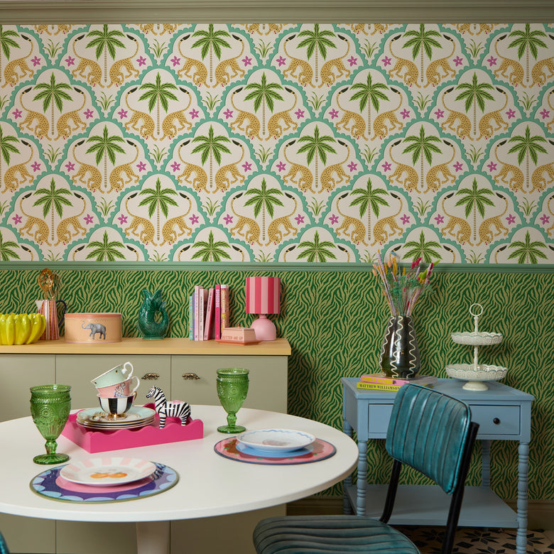 Truly Tiger Wallpaper in Olive Green on Green