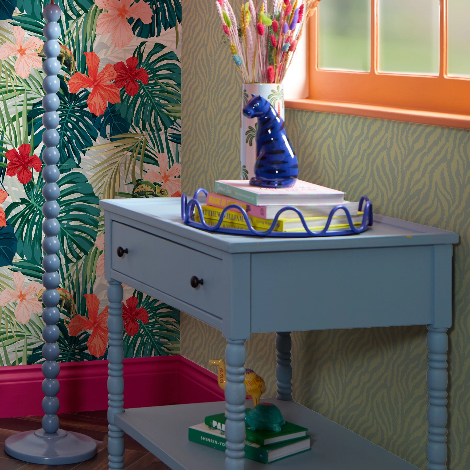 Truly Tiger Wallpaper in Teal on Green