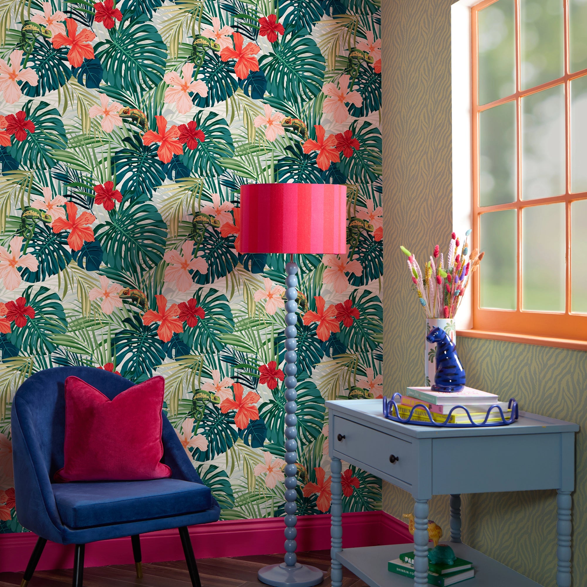 Truly Tiger Wallpaper in Teal on Green