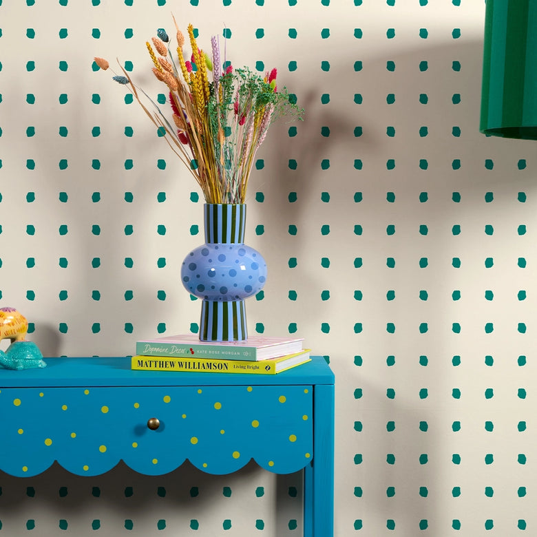 Utterly Dotty Wallpaper in Double Cream & Teal
