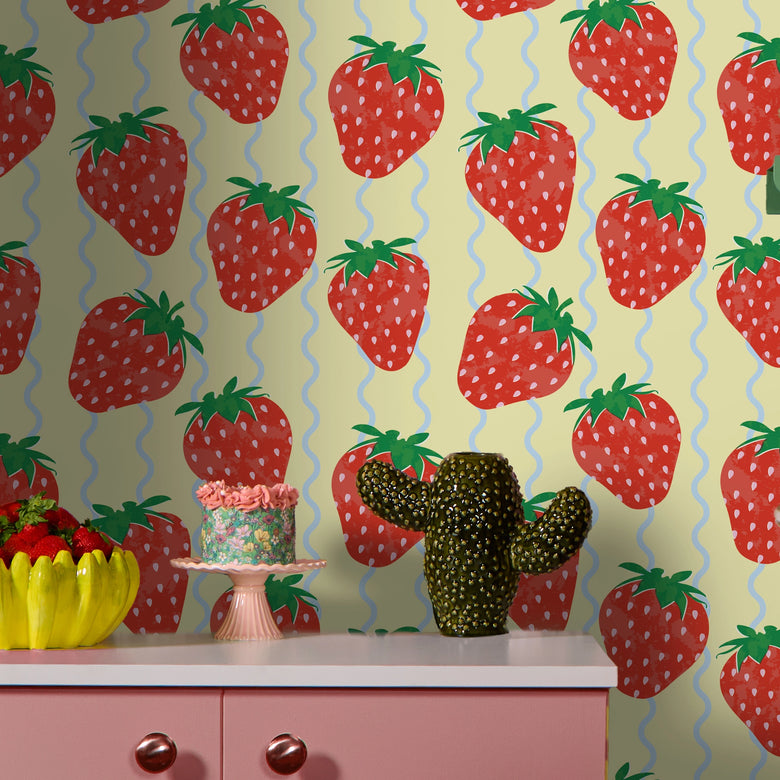 Wiggle with a Chance of Strawberry Wallpaper in Lemon and Mint