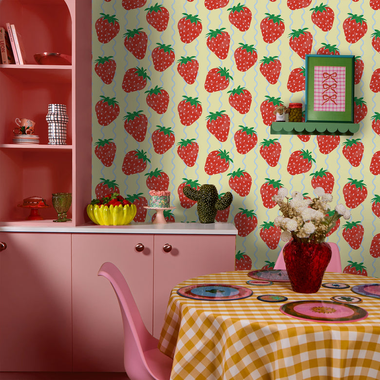 Wiggle with a Chance of Strawberry Wallpaper in Lemon and Mint