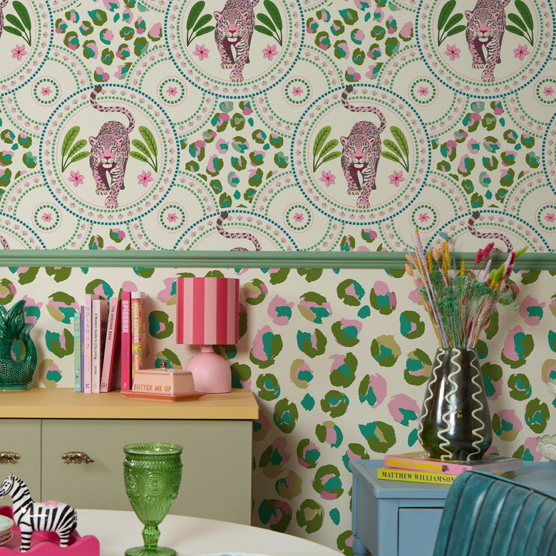 Wild Thing Wallpaper in Greens and Pink on Light Cream
