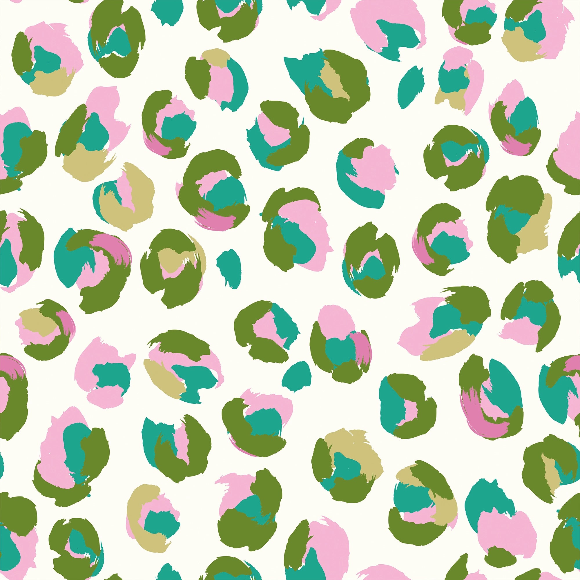 Wild Thing Wallpaper in Greens and Pink on Light Cream