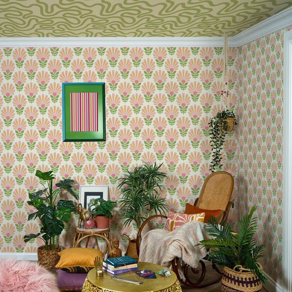 Woodcut Boho Wallpaper in Pink and Yellow on Double Cream – Lust Home