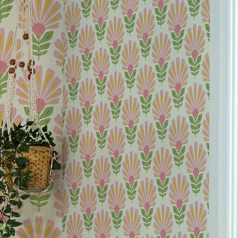Woodcut Boho Wallpaper in Pink and Yellow on Double Cream