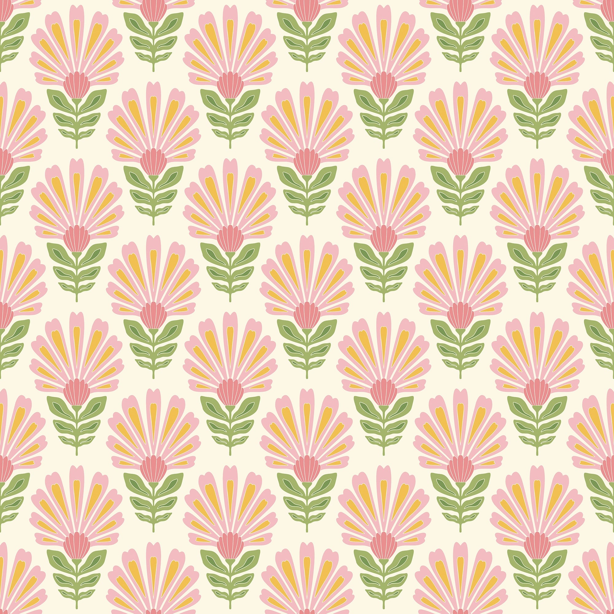 Woodcut Boho Wallpaper in Pink and Yellow on Double Cream
