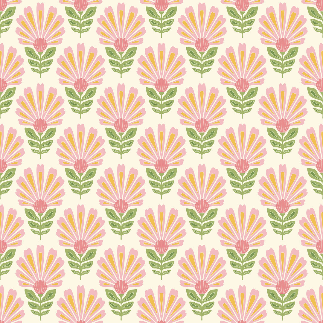 Woodcut Boho Wallpaper in Pink and Yellow on Double Cream
