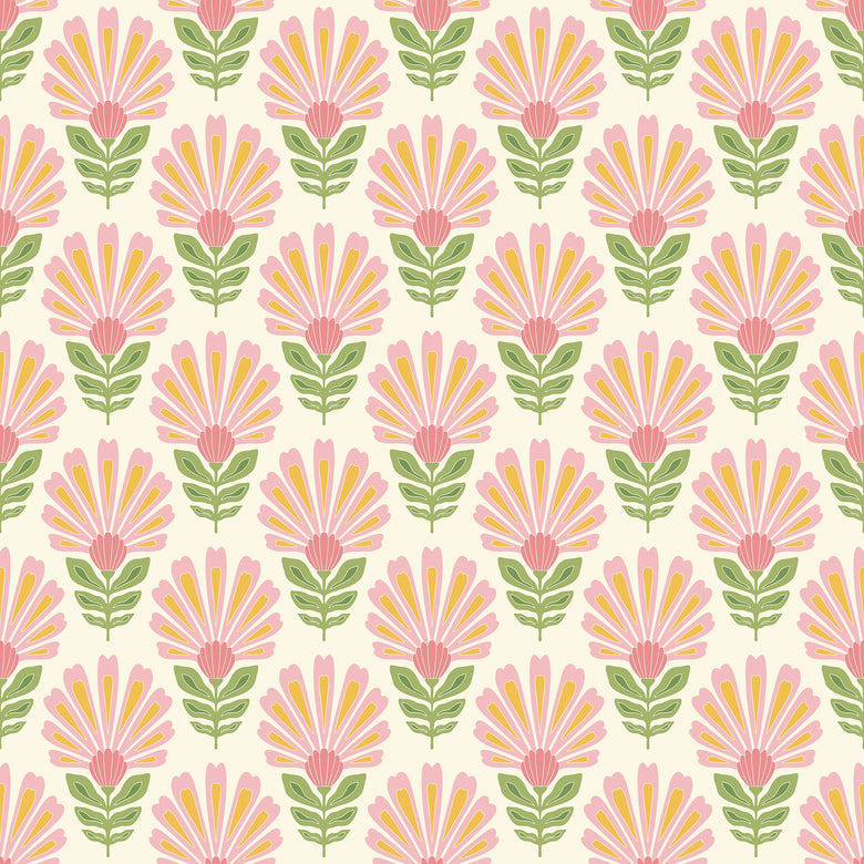 Woodcut Boho Wallpaper in Pink and Yellow on Double Cream