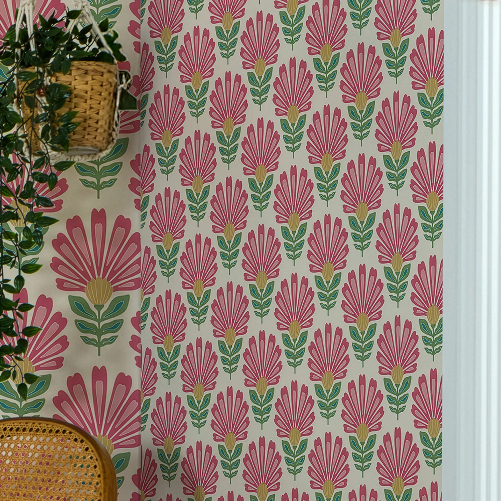 Woodcut Boho Wallpaper in Rich Red and Pink on Double Cream