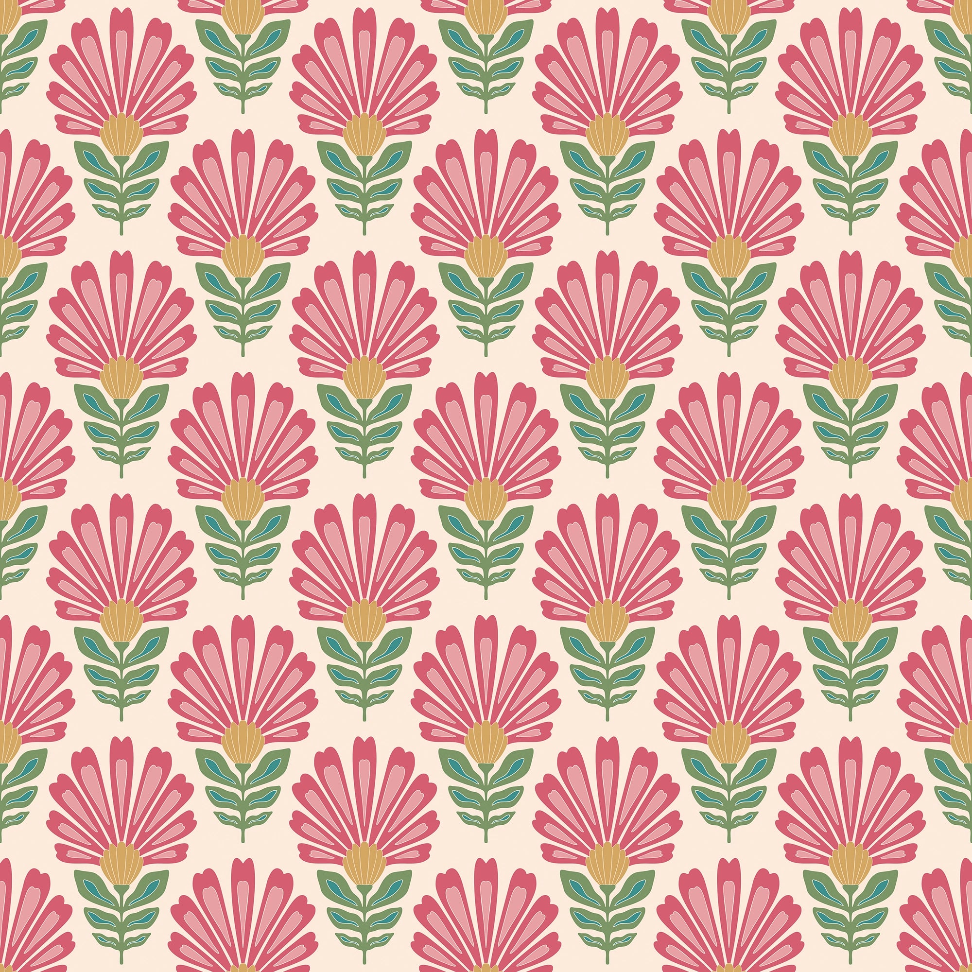 Woodcut Boho Wallpaper in Rich Red and Pink on Double Cream