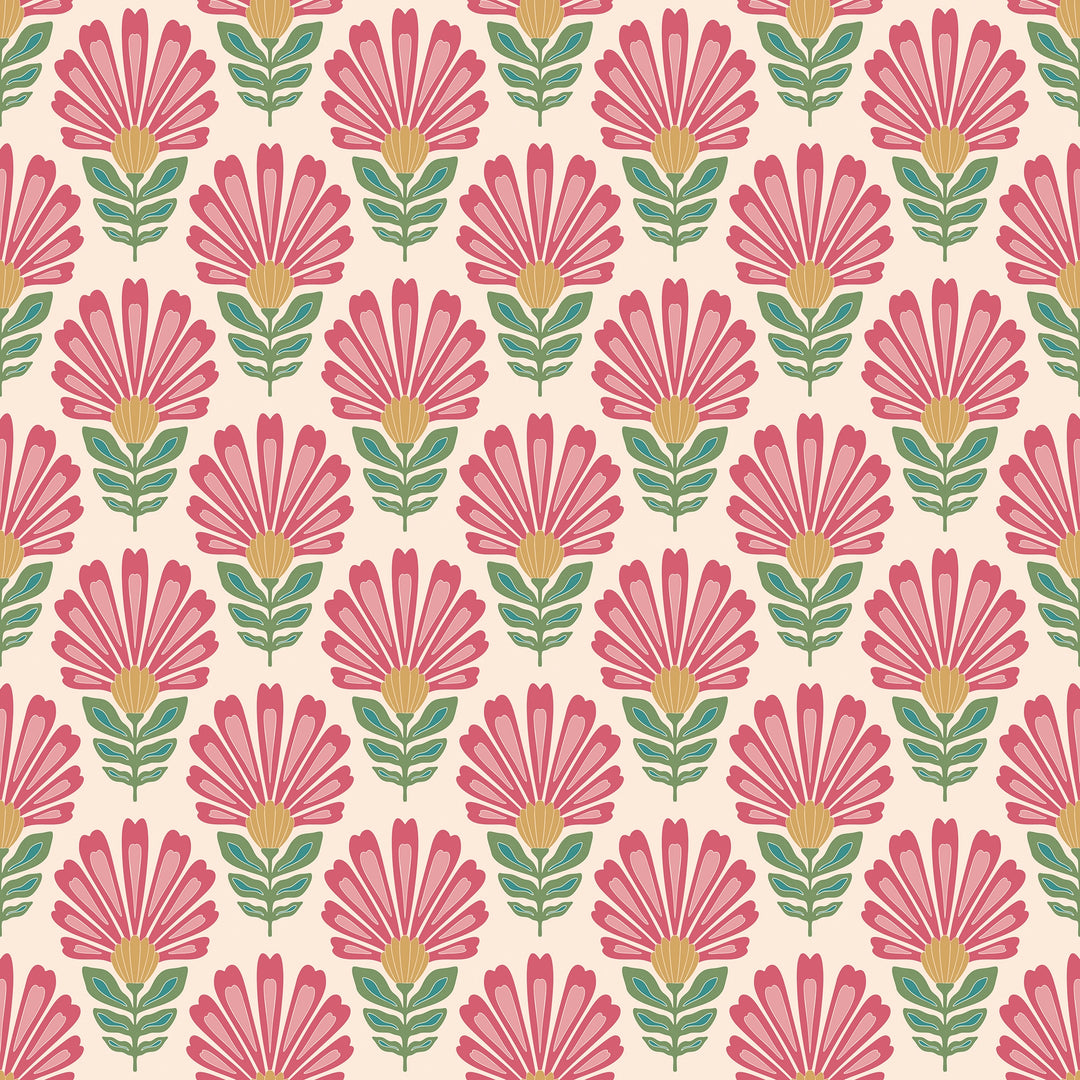 Woodcut Boho Wallpaper in Rich Red and Pink on Double Cream