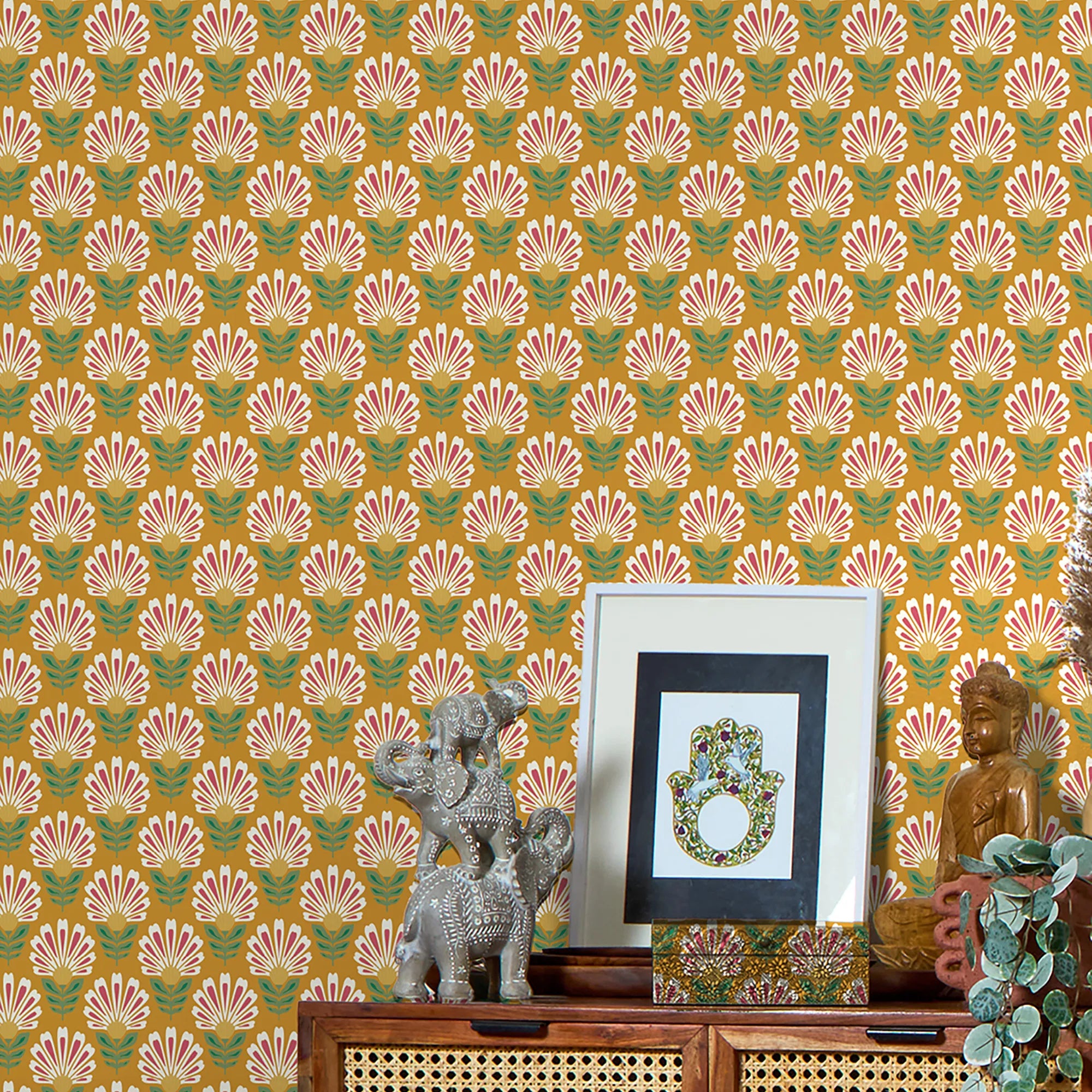 Woodcut Boho Wallpaper in White and Red on Mustard